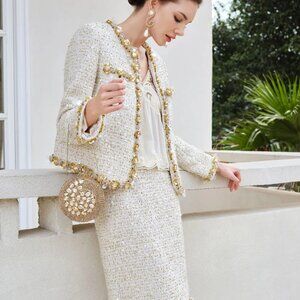 Vintage-Inspired Cream Bouclé Jacket w/ Gold Trim & Pearl Details – Made in USA
